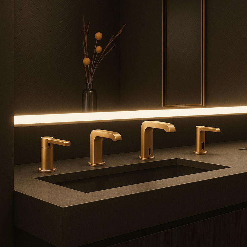 Double sink commercial touchless faucet restroom installation